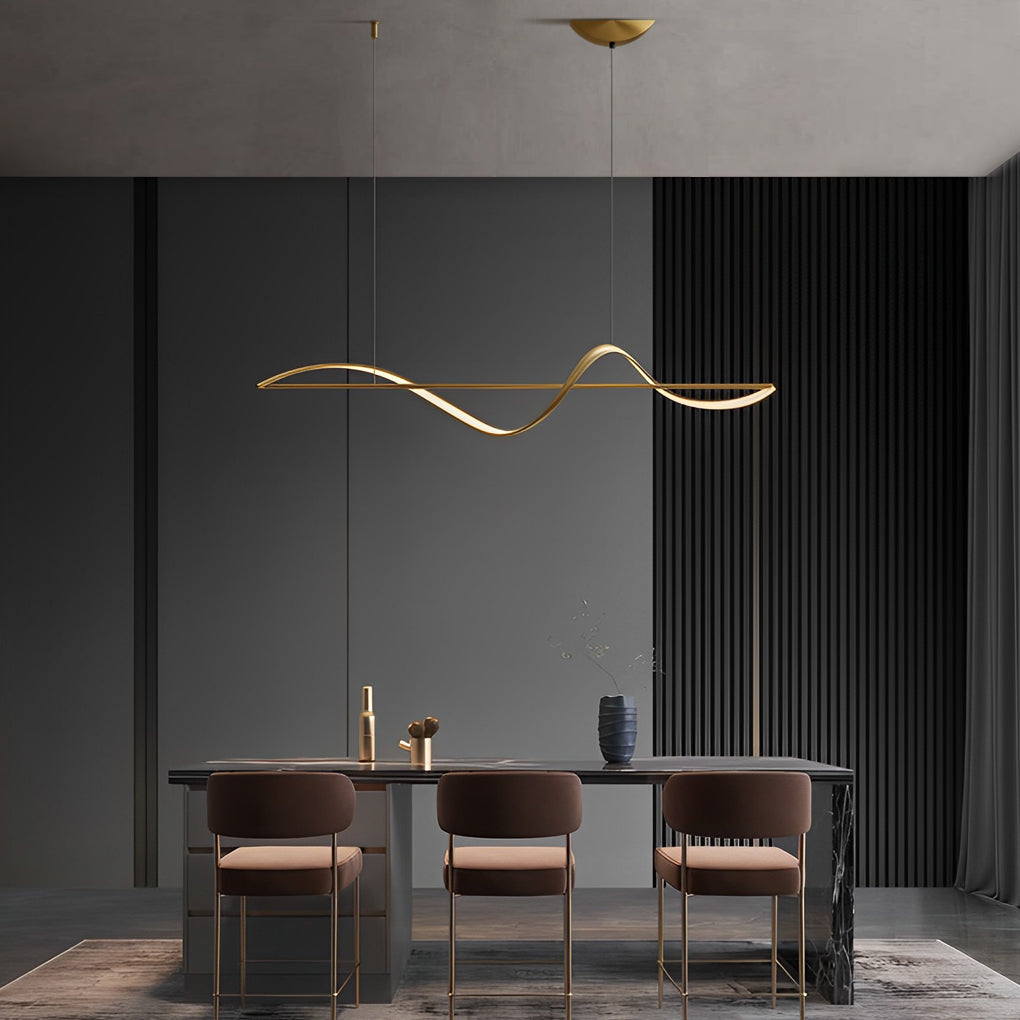 Minimalist Strip Waves Creative LED Copper Modern Dining Room Chandelier