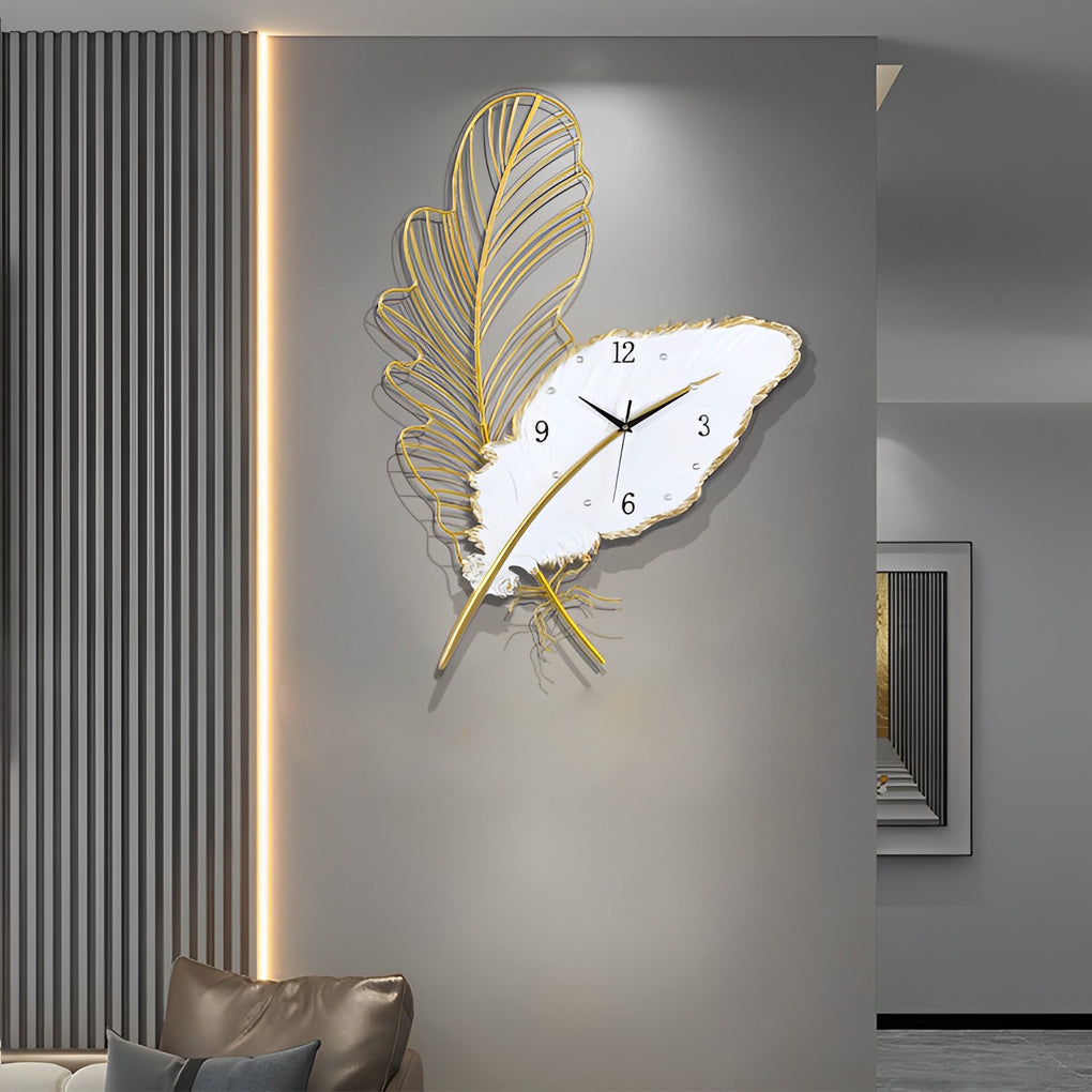 Resin Feather Wall Clock Silent Wall Painting LED Lights Art Decor