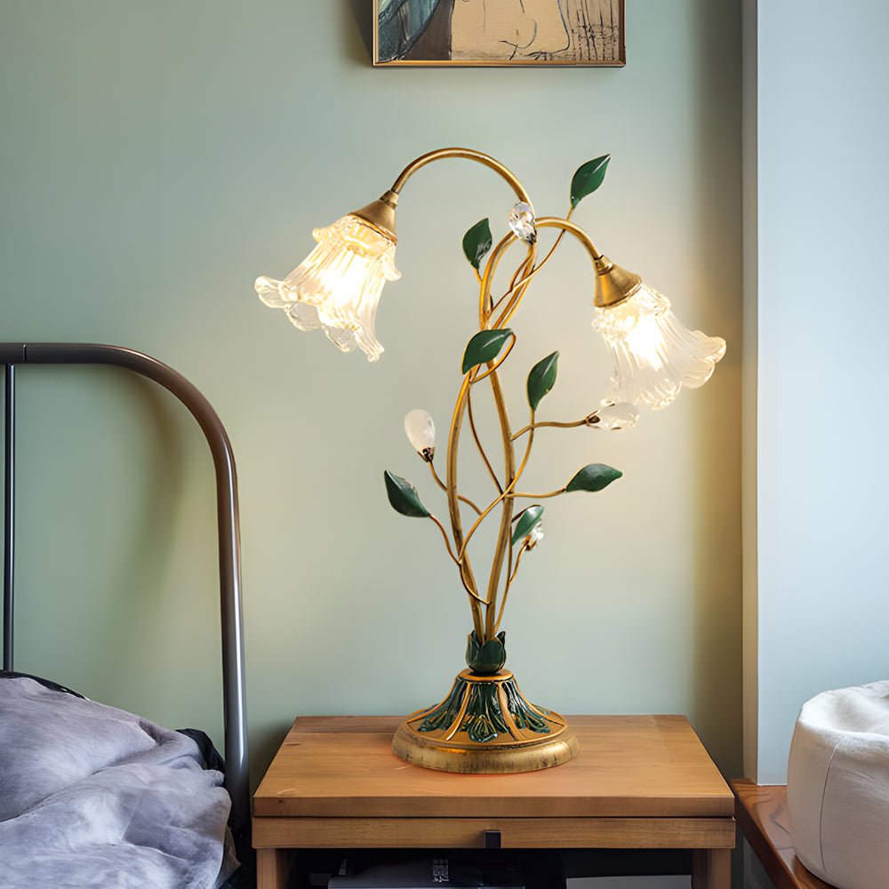 Dimmable Glass Floral Desk Lamp with Dual Lights and Leaf Accents for Ambiance