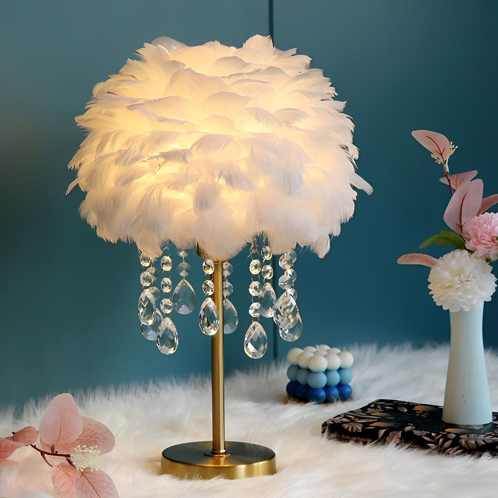 LED Feather Table Lamp with Ambient Crystal Tassels Lighting