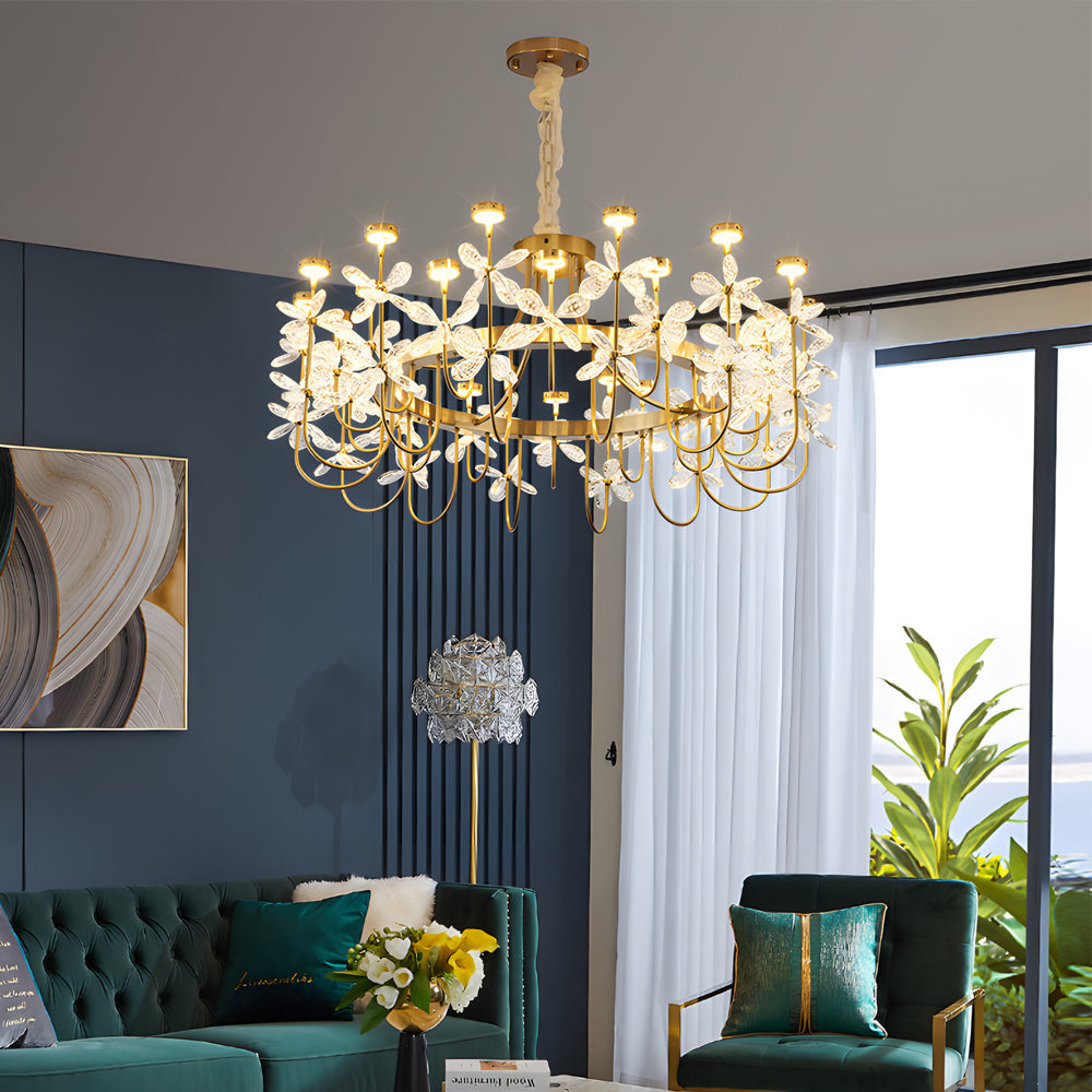 Golden Luxury 24-light Crystal Flower Chandelier for Living Room