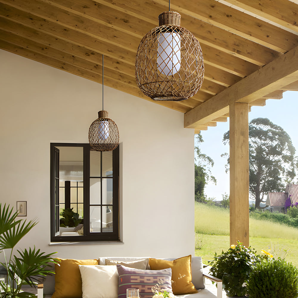 Outdoor Rattan Pendant Lights 10W Rustic Modern LED Ceiling Hanging Lantern Lights