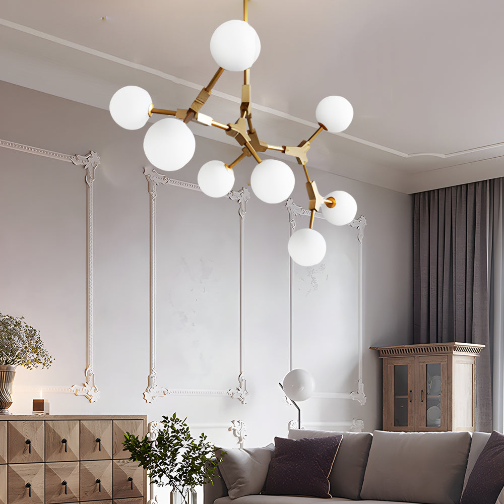 6/8-Light Gold Molecule Chandelier with White Glass Shades