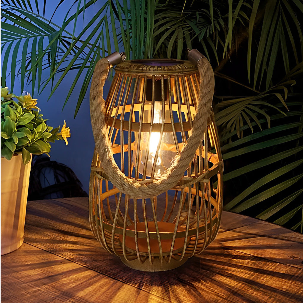 Portable Bamboo Rattan Waterproof LED Wood Retro Solar Outdoor Lanterns