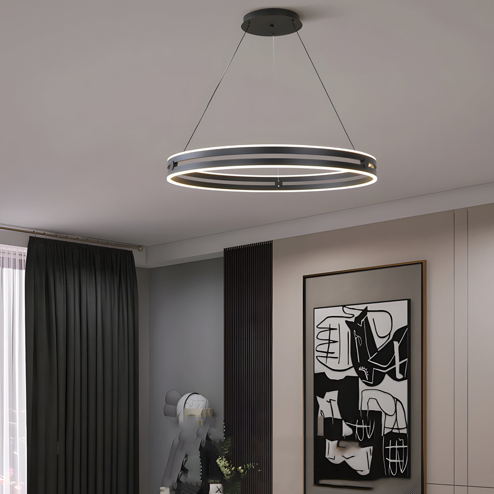 23.6-in Double Wheel Chandelier Modern LED Pendant Light, Black/Gold/Brown