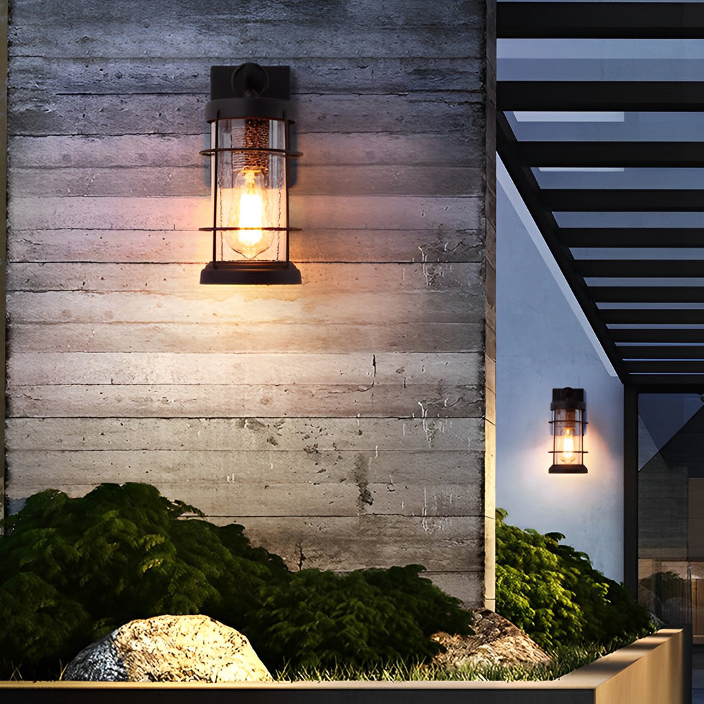 Waterproof Iron Glass Lantern Black Retro Rustic Exterior Wall Lights