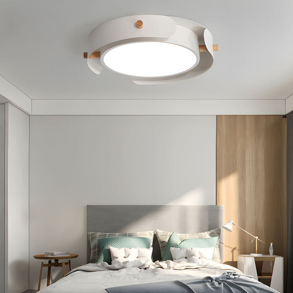 Round Nordic White Metallic Wood Drum Flush Mount Ceiling Light