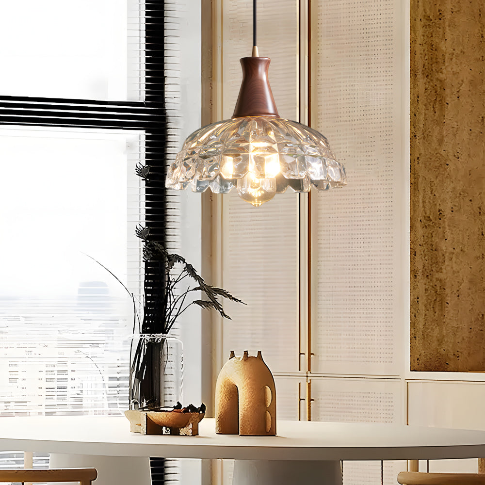 Modern Copper Blossom Glass Pendant Light With Wooden Handle