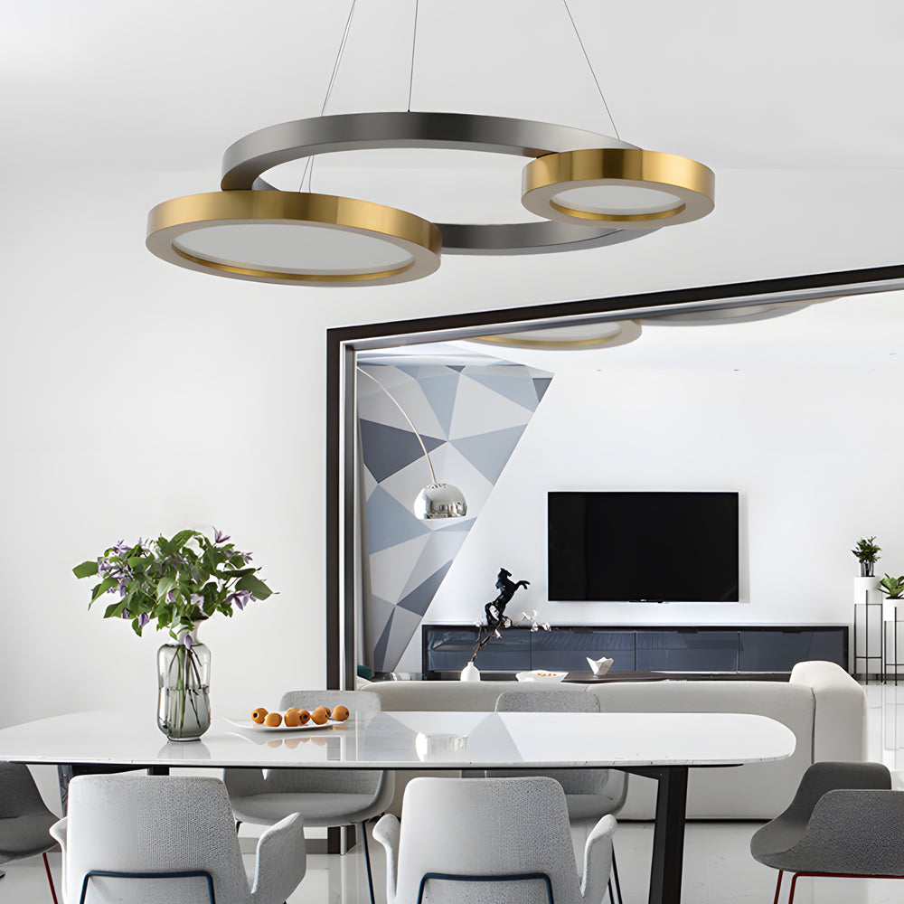 Circular LED Chandelier Multi-Ring Hanging Suspension Lights in Brass & Pearl Black Finish