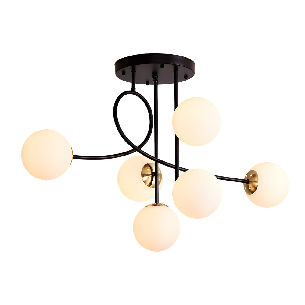 Modern 6-Light Gold/Black Semi-Flush Mount Chandelier with Glass Shade