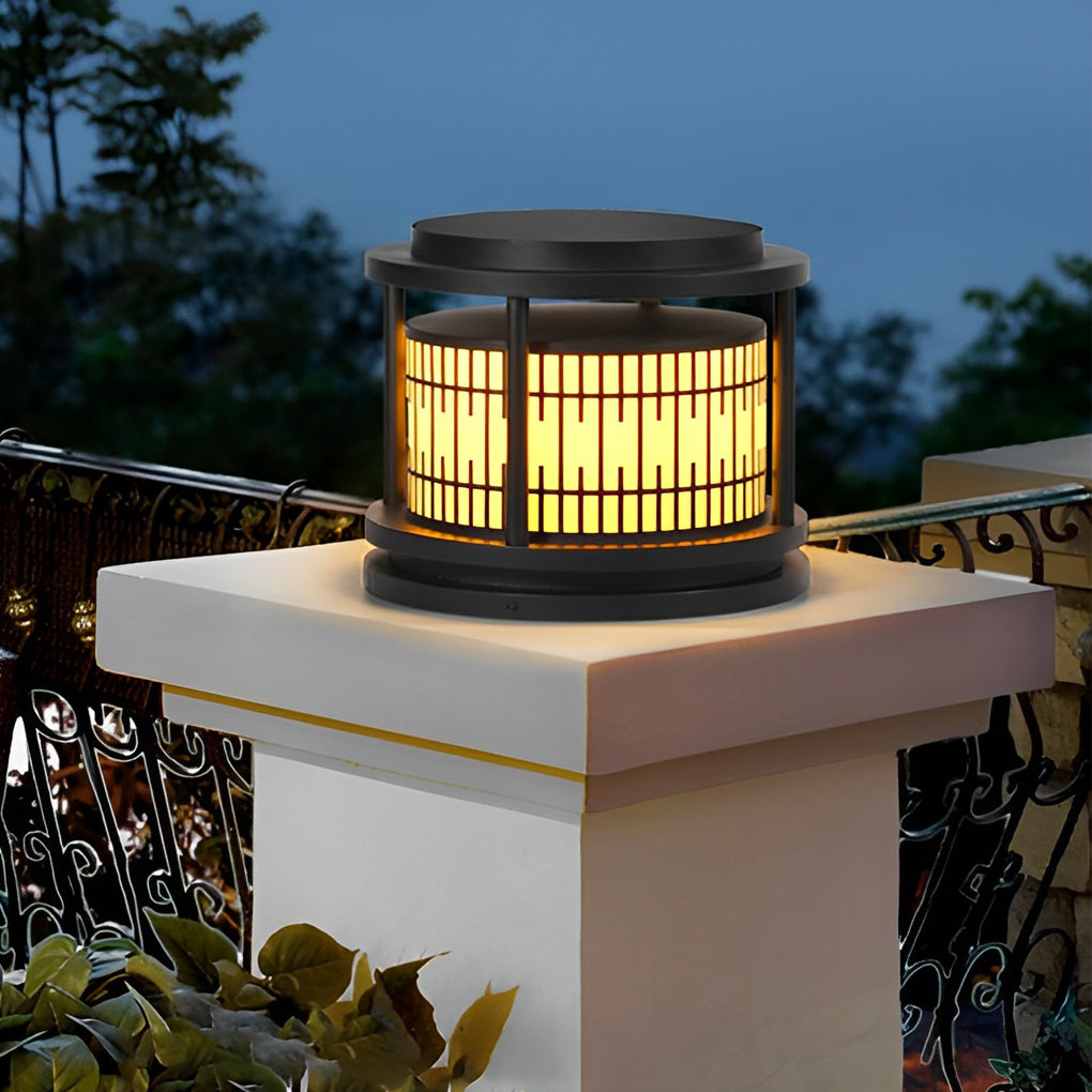 Round Retro Pattern Waterproof LED Black Modern Solar Fence Post Lights