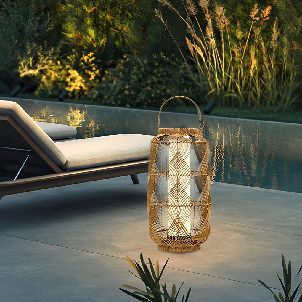 Rattan Waterproof LED Retro European Style Portable Solar Floor Lamp