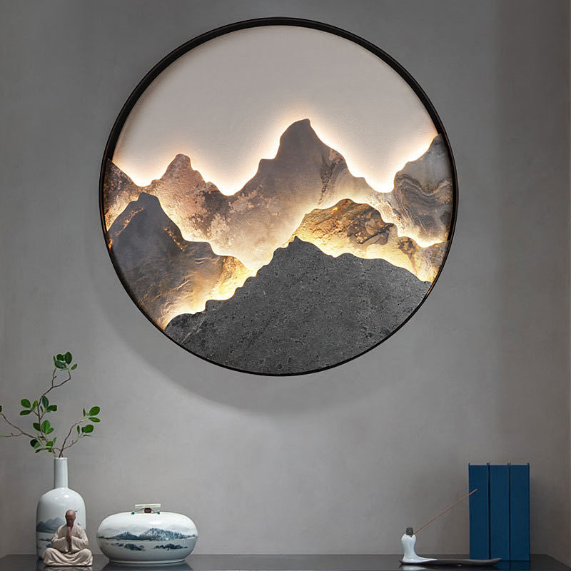 Round Natural Rock Slab Mountain Scenery Painting Modern Wall Lights Fixture