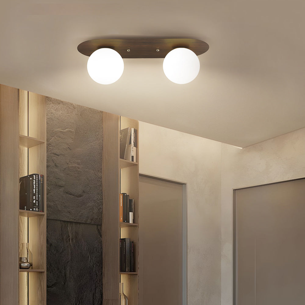 Flush Mounted Walnut Board Ceiling Light with 2/3/4 Milky White Glass Globes