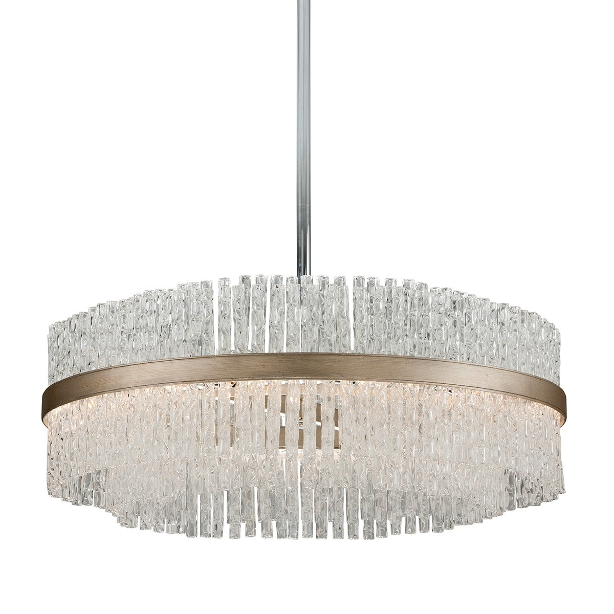 Corbett Lighting Chime 12 Light Chandelier with sleek metal frame and cascading glass shades for elegant lighting.