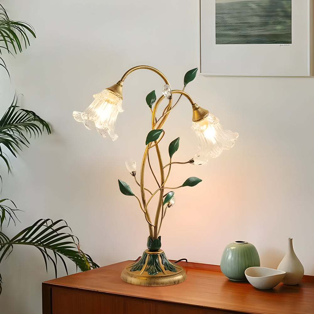 Dimmable Glass Floral Desk Lamp with Dual Lights and Leaf Accents for Ambiance