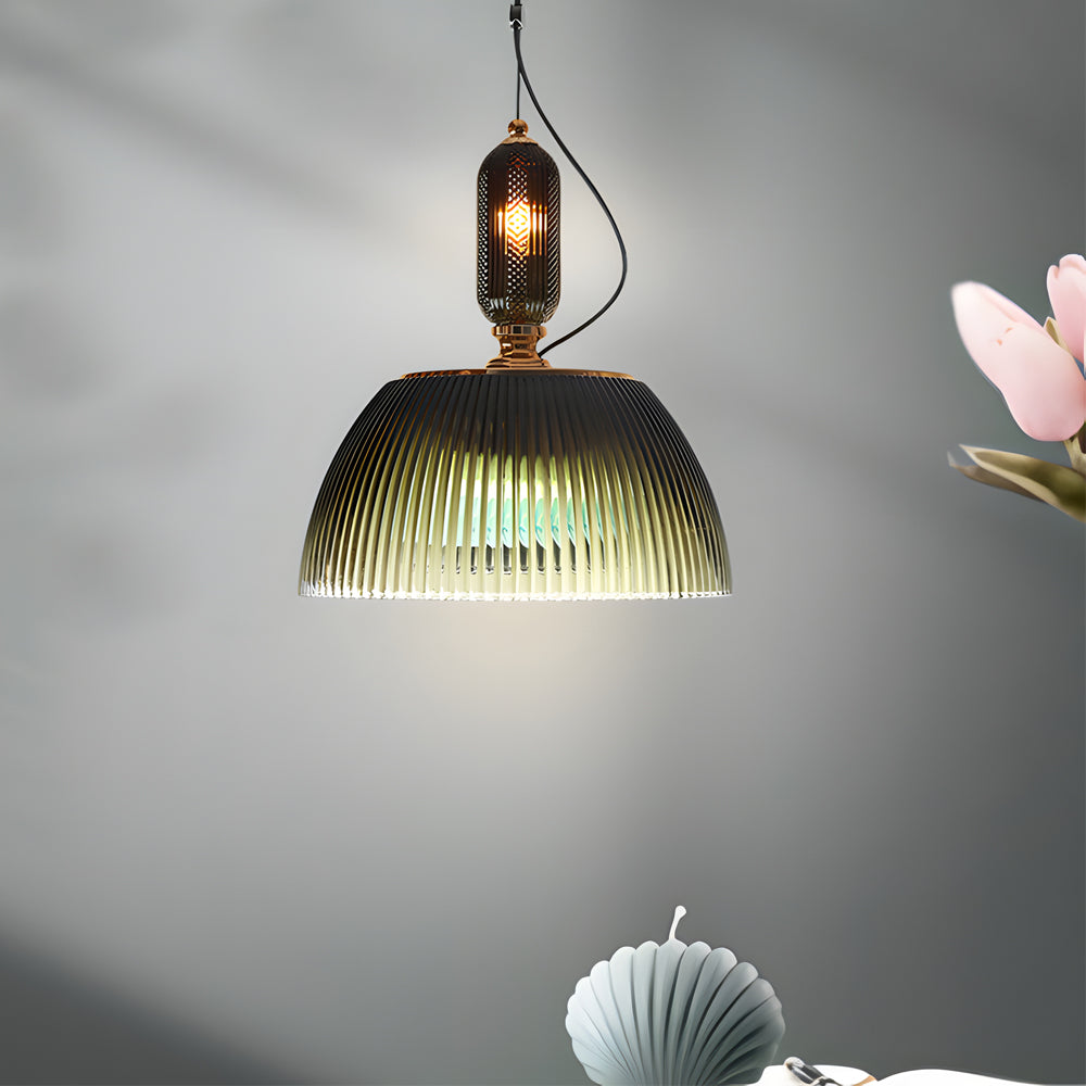 Retro Gradient Dark Green Striped Glass Art Nordic Pendant Lights Fixture