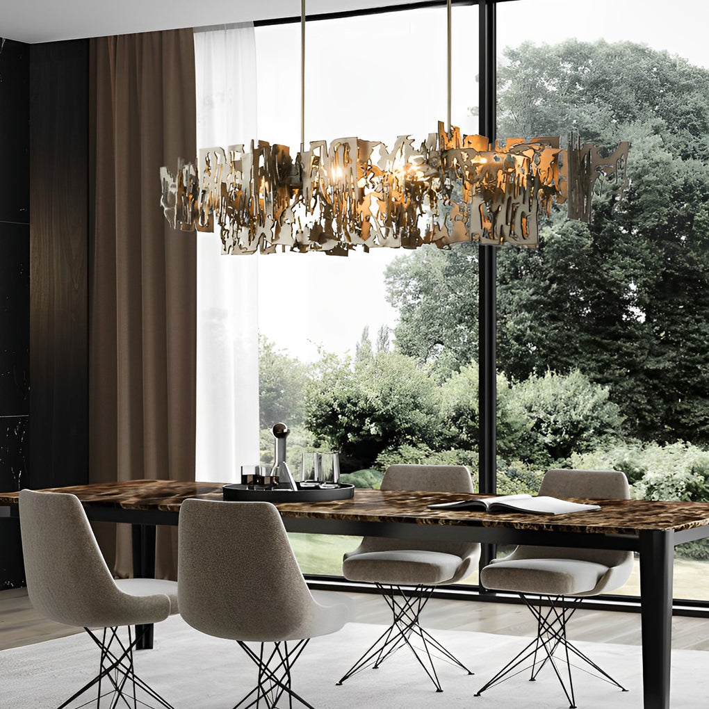 Long Creative Hollow Hardware LED Post-Modern Dining Room Chandelier