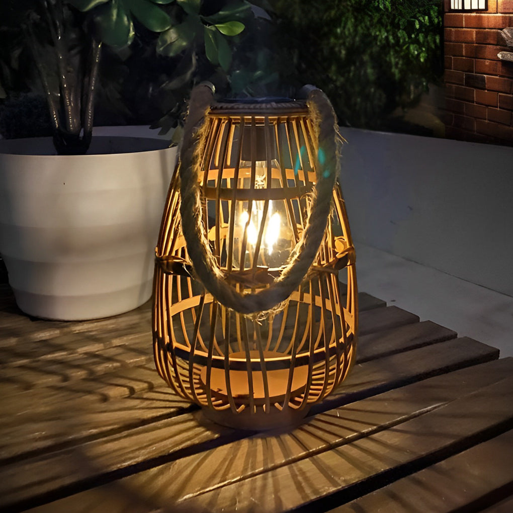 Portable Bamboo Rattan Waterproof LED Wood Retro Solar Outdoor Lanterns