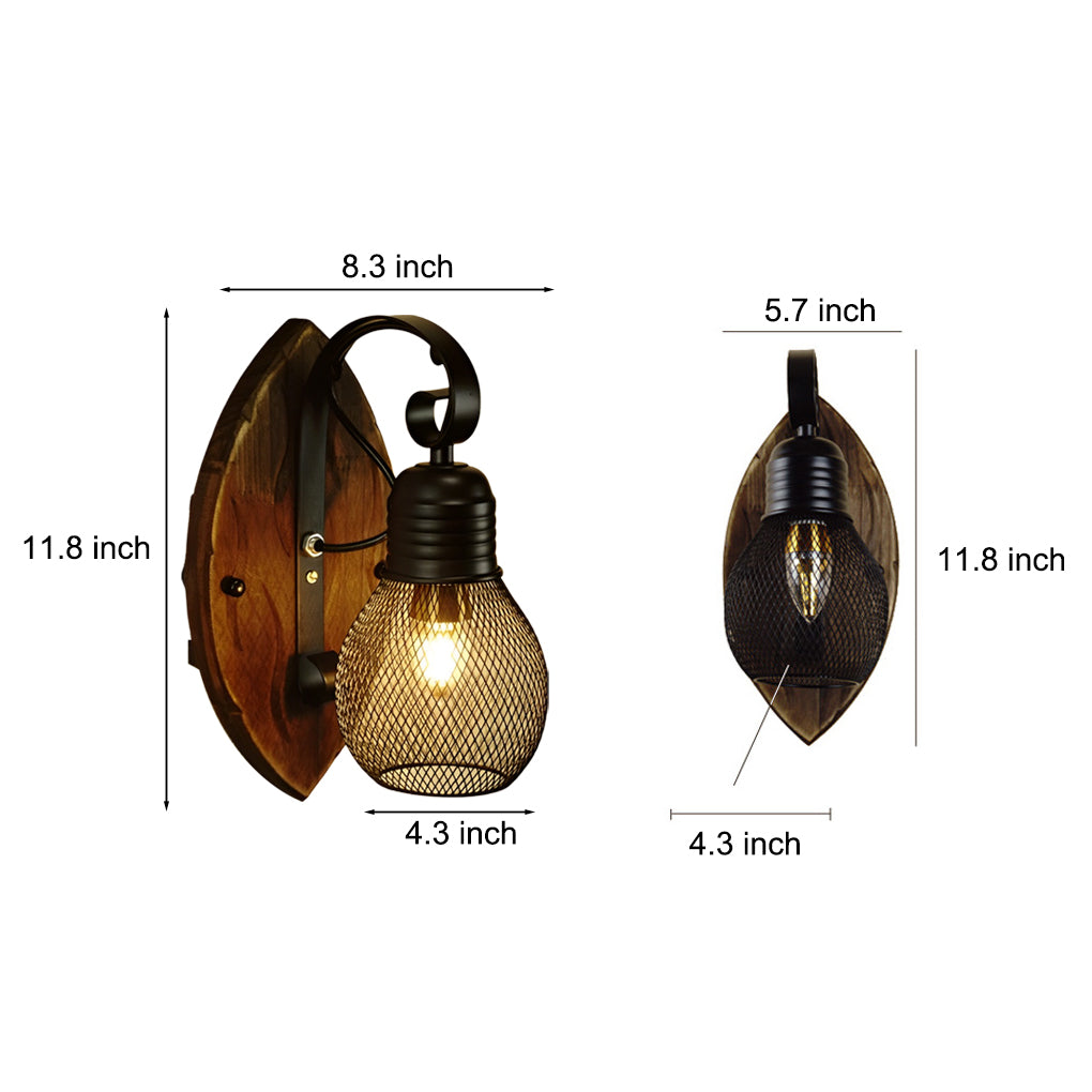 Rustic Antique Wood Iron Hollow Mesh Black E27 Industrial Style Wall Lamp