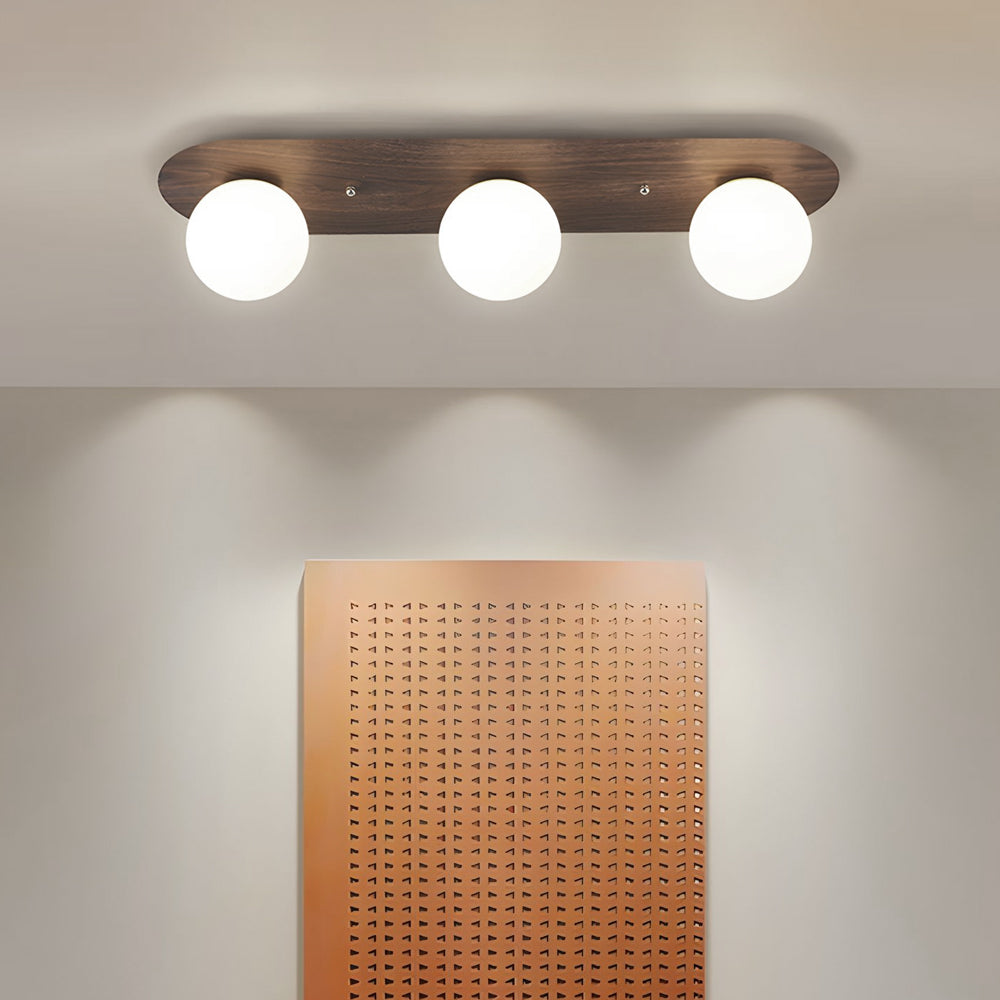 Flush Mounted Walnut Board Ceiling Light with 2/3/4 Milky White Glass Globes