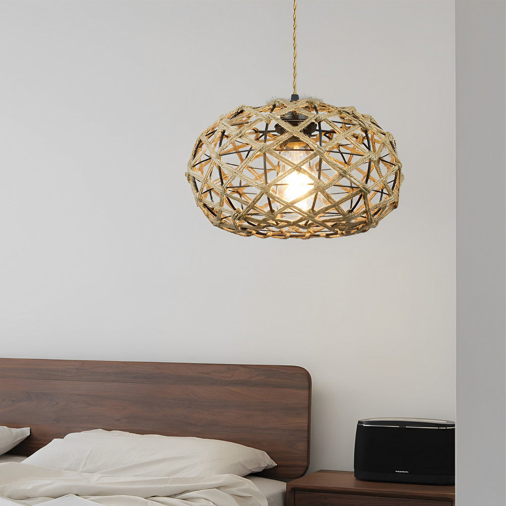 Round Hand Woven Cage Rope Beige Retro Minimalist Ceiling Light Chandelier