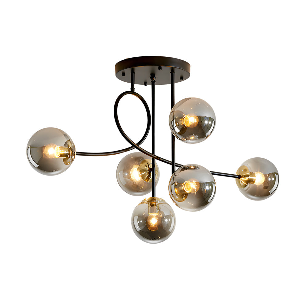 Modern 6-Light Gold/Black Semi-Flush Mount Chandelier with Glass Shade