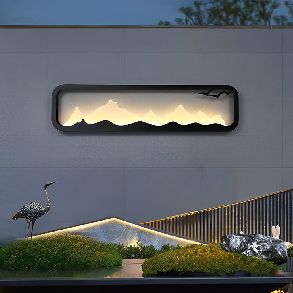 Rectangular Mountain Scenery LED Waterproof Black Outdoor Wall Lamp