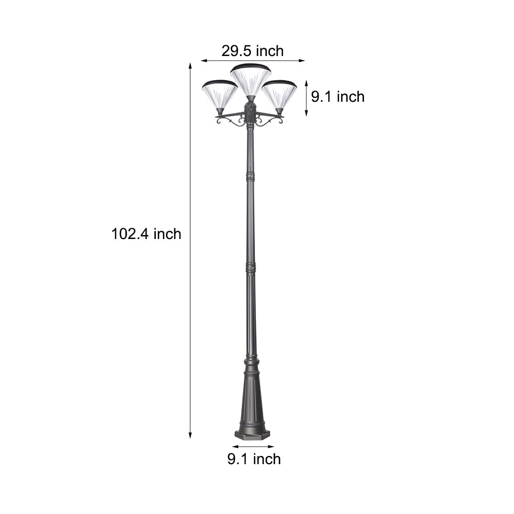 102-Inch Black Outdoor Street Light with 3-Light Post Lamp and Pole