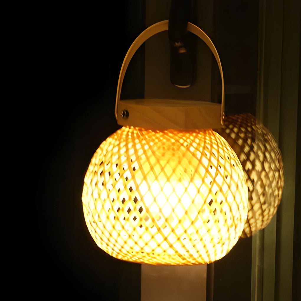 Rustic Portable Woven Bamboo Lantern Table Lamp with Handle