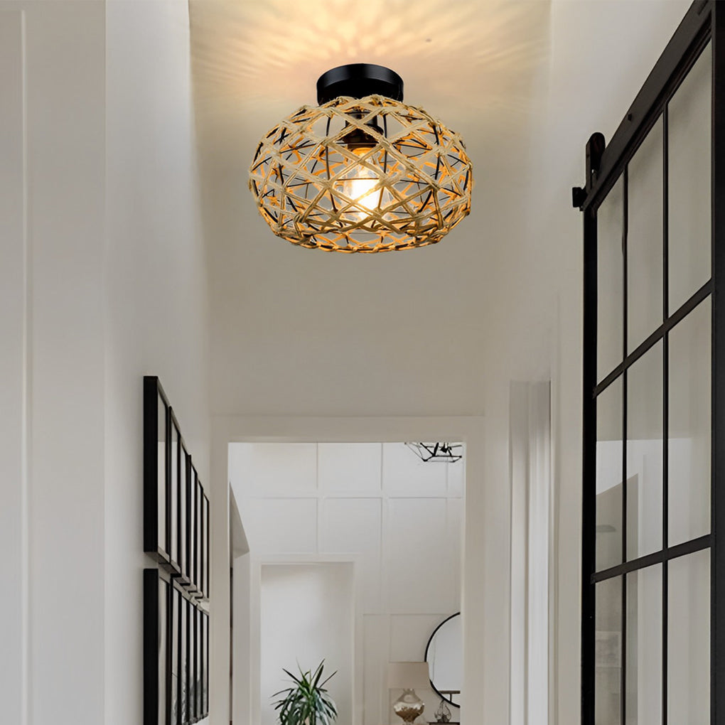 Round Hand Woven Cage Rope Beige Retro Minimalist Ceiling Light Chandelier