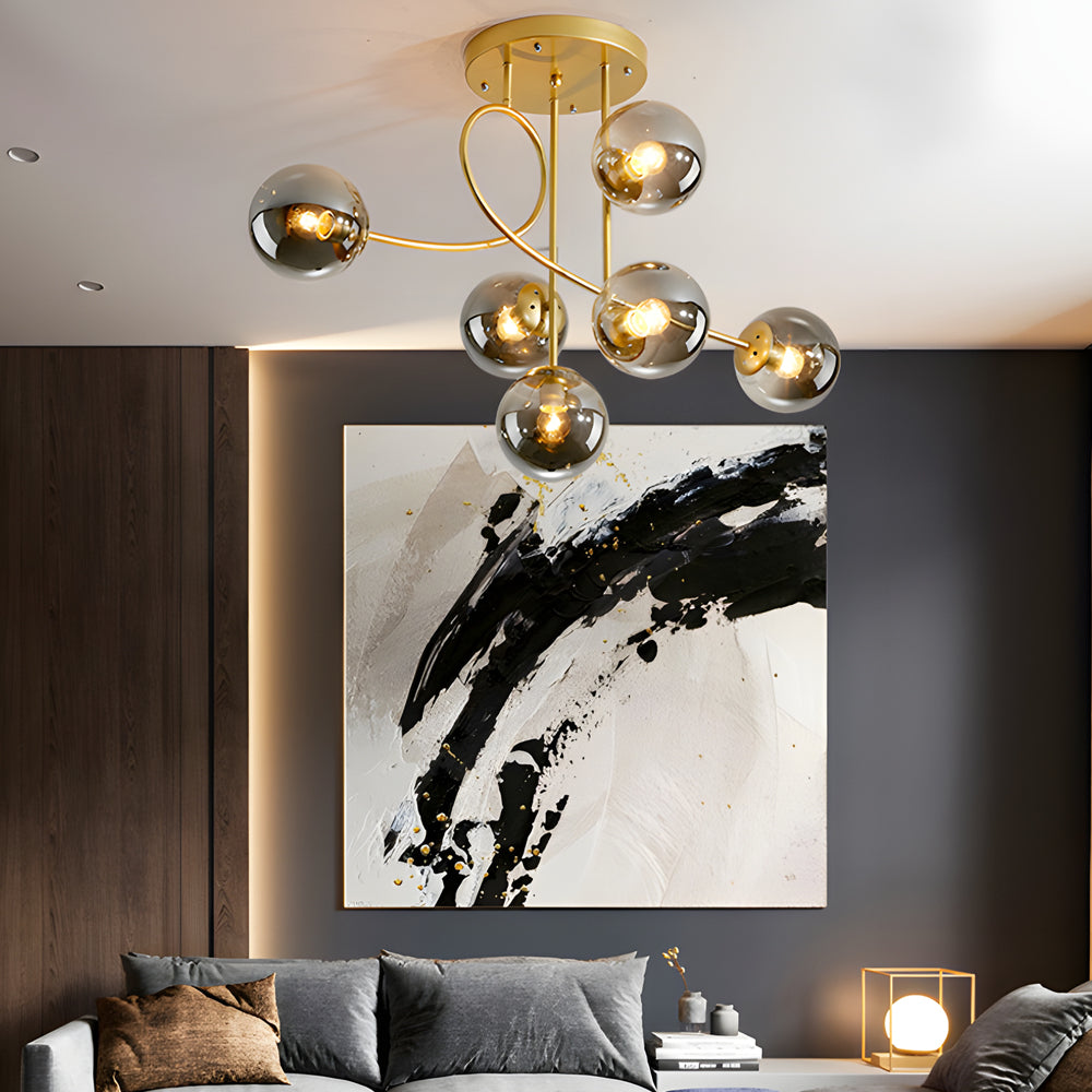 Modern 6-Light Gold/Black Semi-Flush Mount Chandelier with Glass Shade