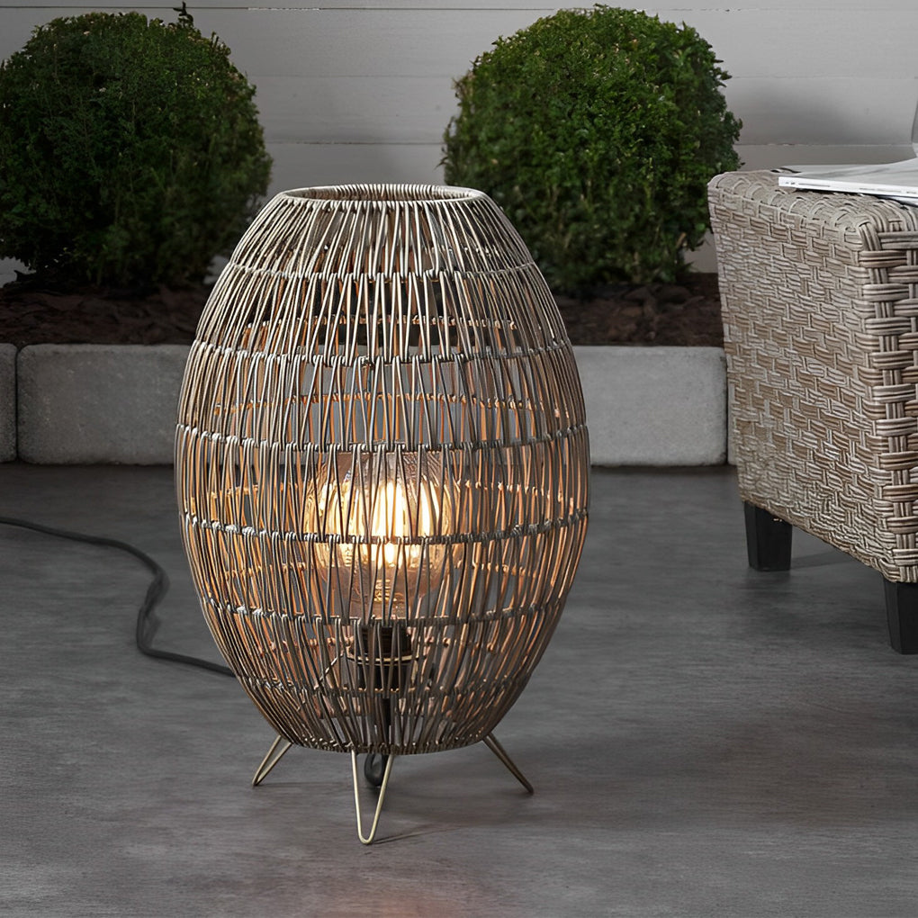 Spaceship Lighting Handmade Rattan Oval Cage Waterproof Outdoor Floor Lamp