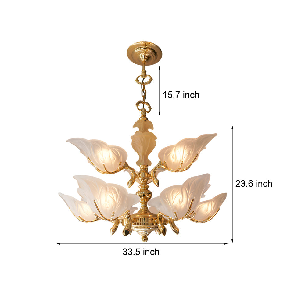 9-Light Italian Chandelier in Brass with Murano Glass Leaves