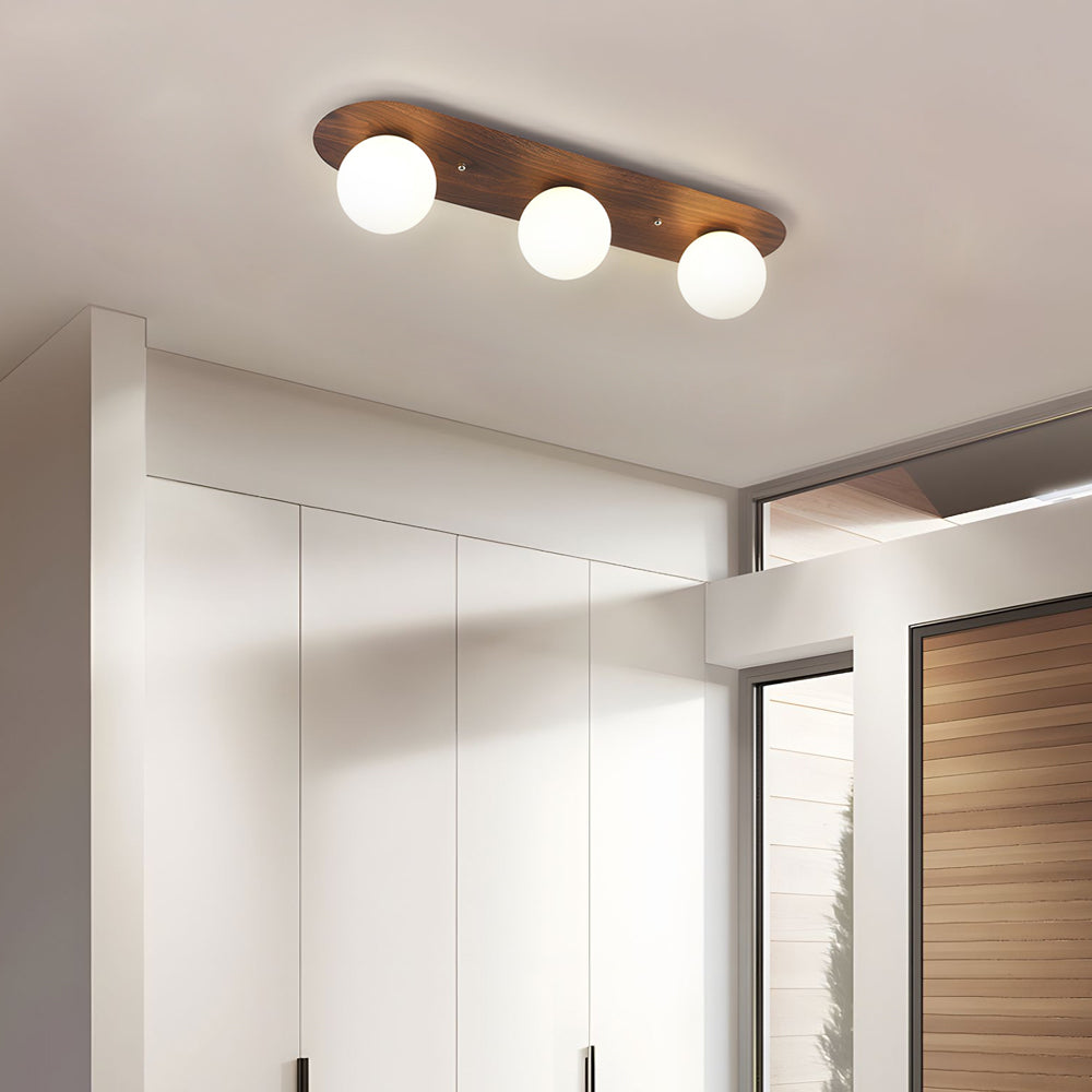 Flush Mounted Walnut Board Ceiling Light with 2/3/4 Milky White Glass Globes