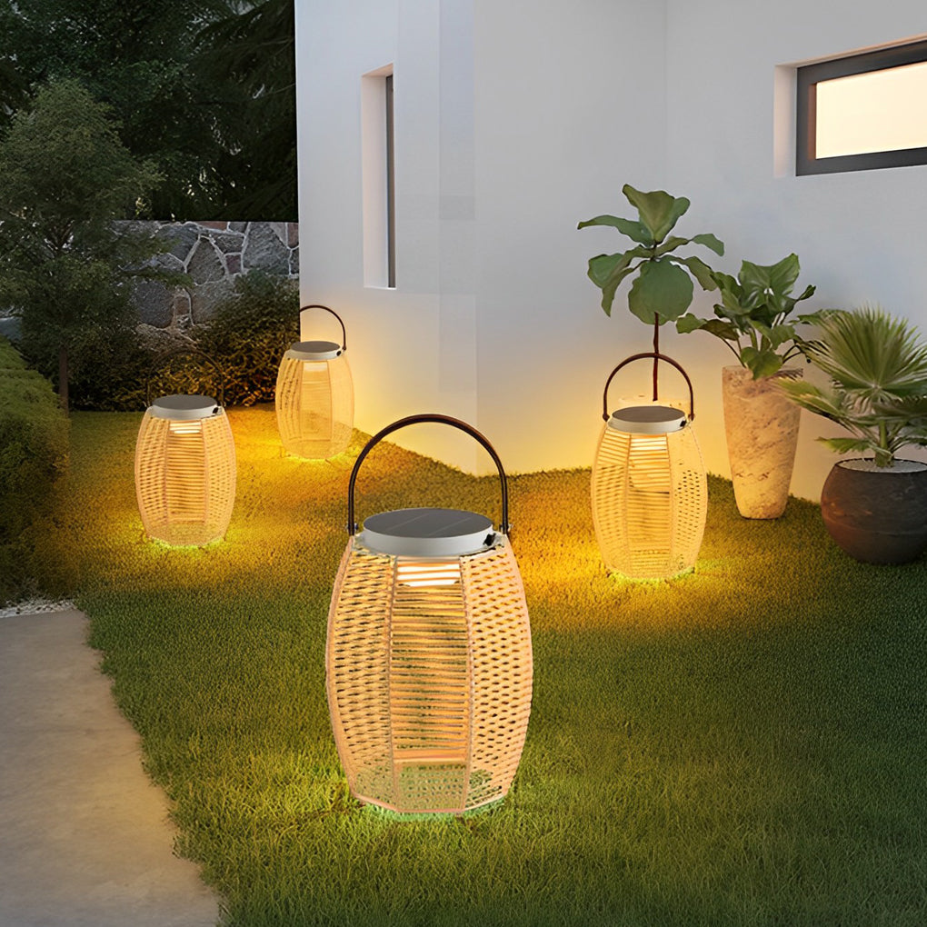 Portable Rattan LED Waterproof Solar Powered Outdoor Lantern Lights