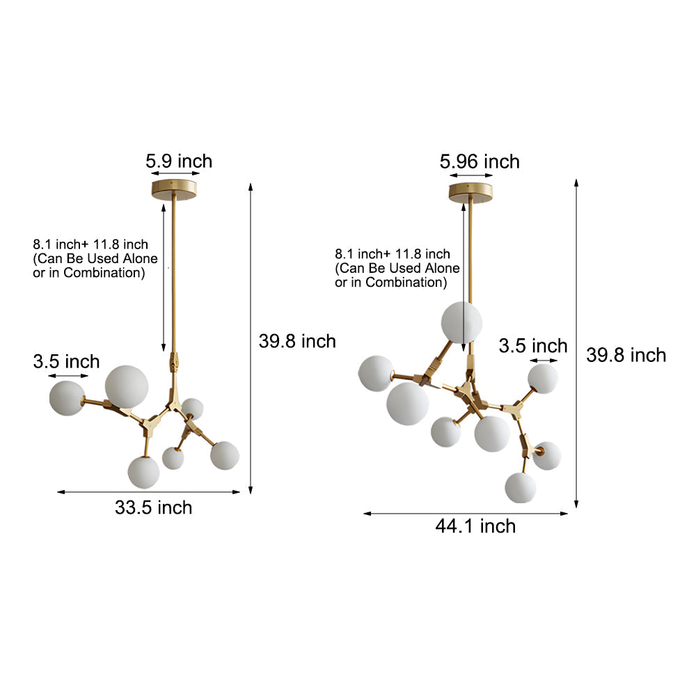 6/8-Light Gold Molecule Chandelier with White Glass Shades