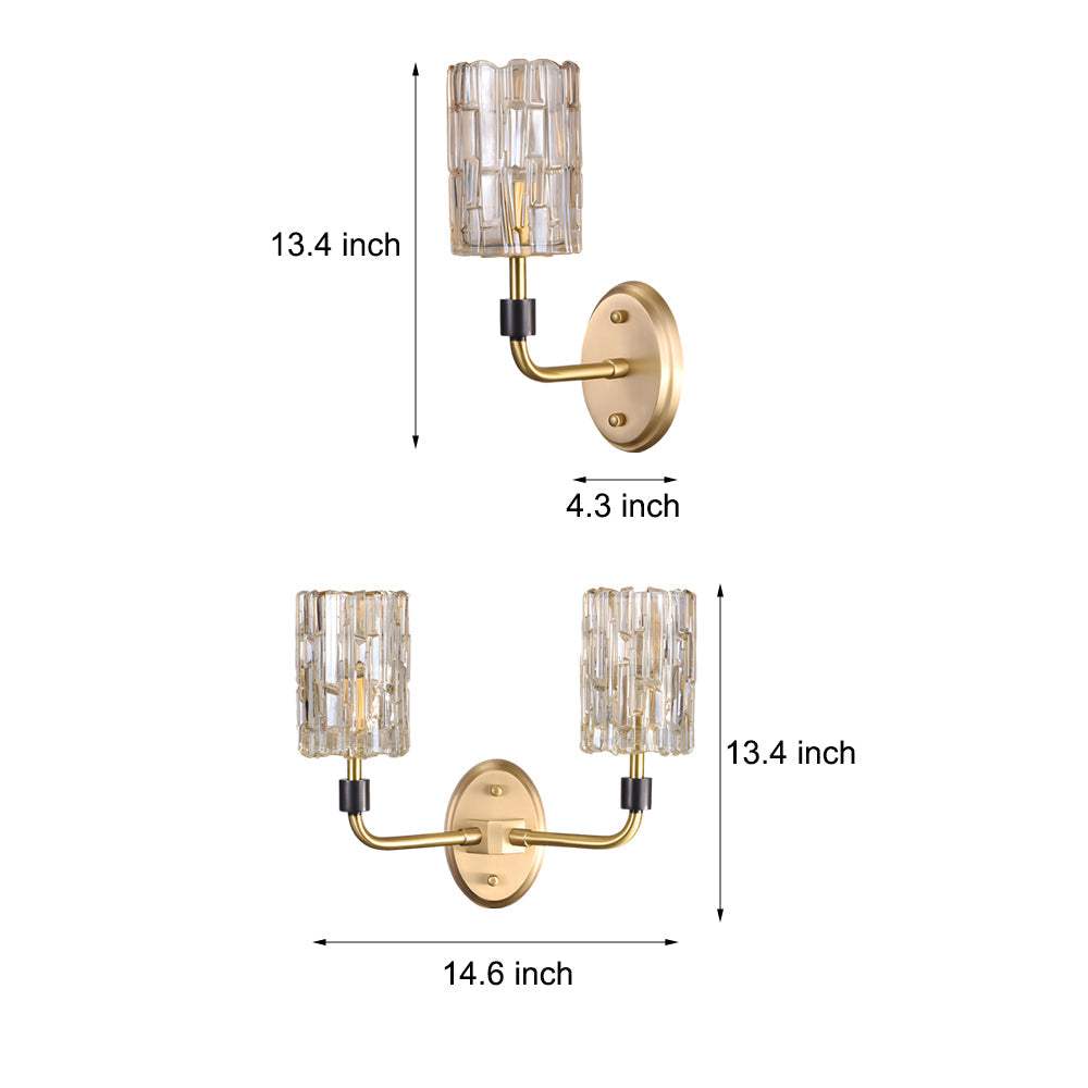 Luxury Copper Armed Crystal Wall Light Modern 1/2-Light Sconce