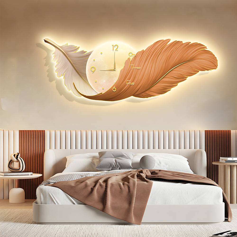 2-In-1 Wall Feather Painting Hanging Decor LED Wall Lamp Wall Clock