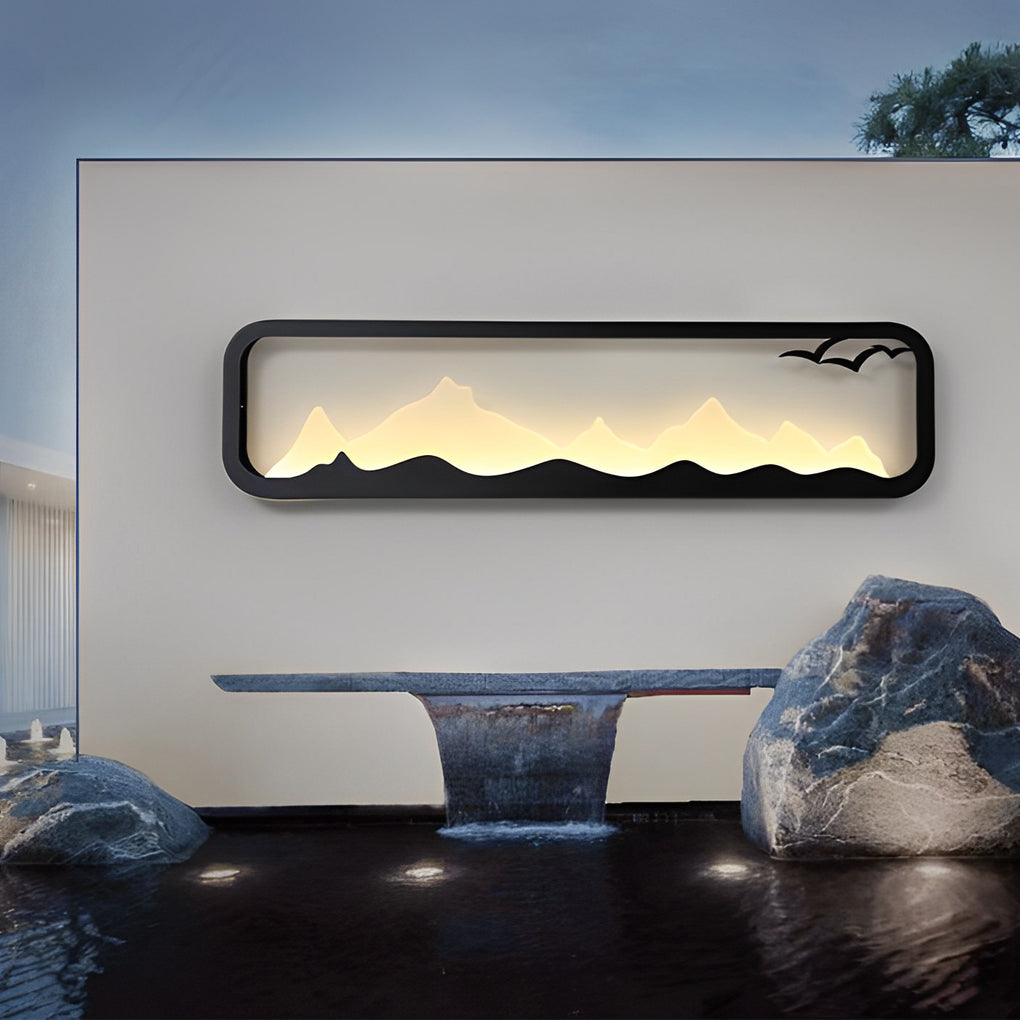 Rectangular Mountain Scenery LED Waterproof Black Outdoor Wall Lamp