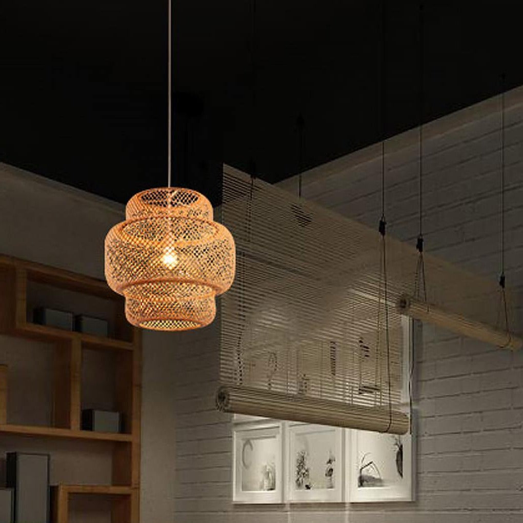 3-Tiered Rustic Bamboo Woven Pendant Light Living Room Lighting Ideasing 1-Light Single Cylinder Pendant