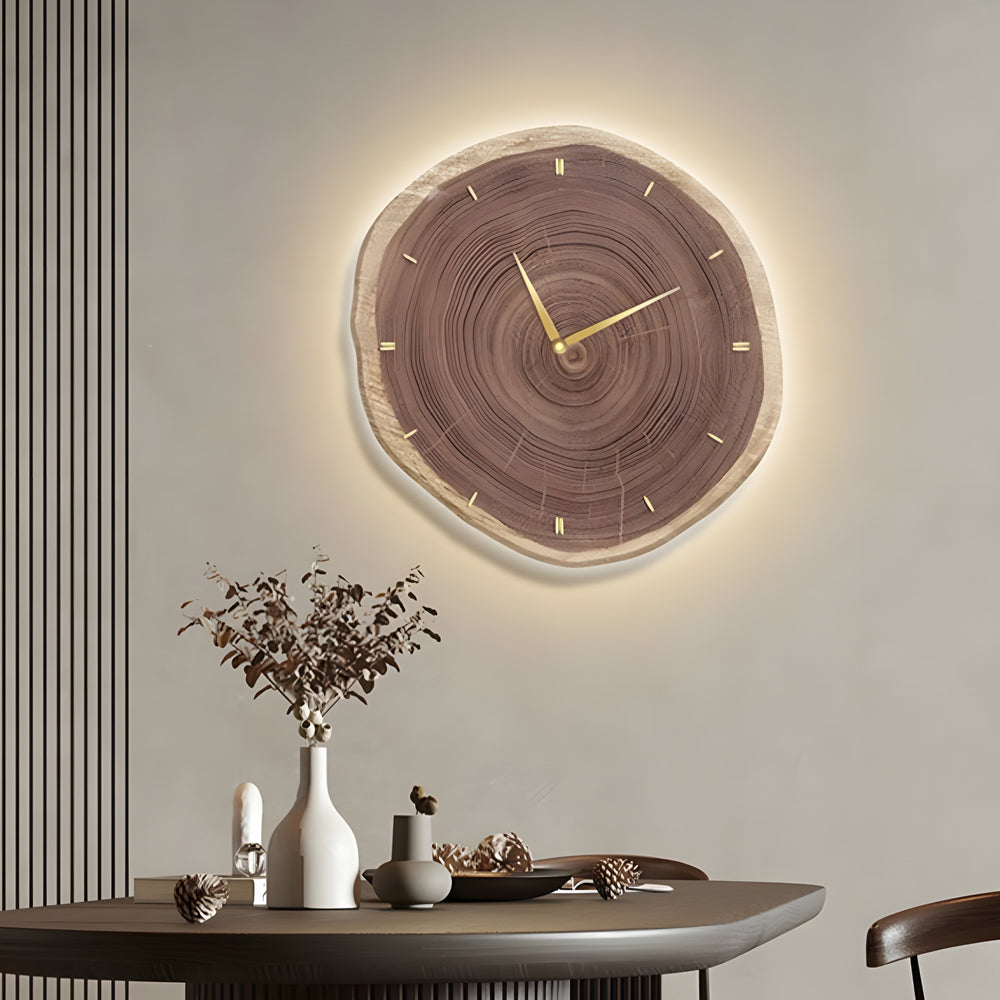 Rustic Round Wood Slice Clock with Remote Control and LED Lights - US Plug