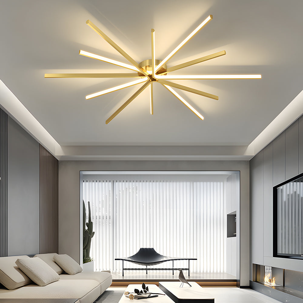 6-Light LED Semi Flush Mount Copper Starbursts Ceiling Light Fireworks Ceiling Lighting Fixture