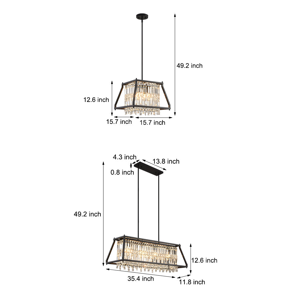 Trapezoidal Black Metallic Crystal Dining Room Chandeliers, 2 Sizes