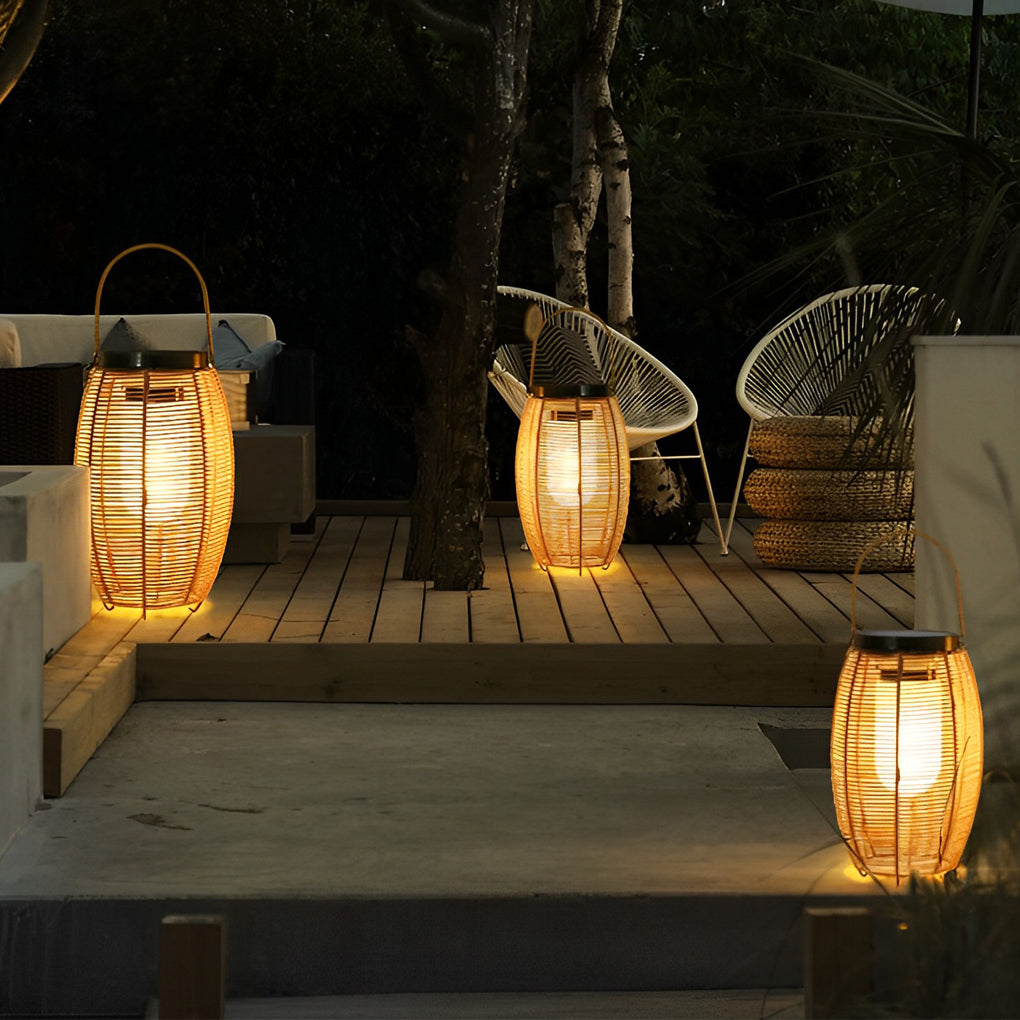 Portable Lantern Rattan LED Waterproof Solar Outdoor Lights Floor Lamp