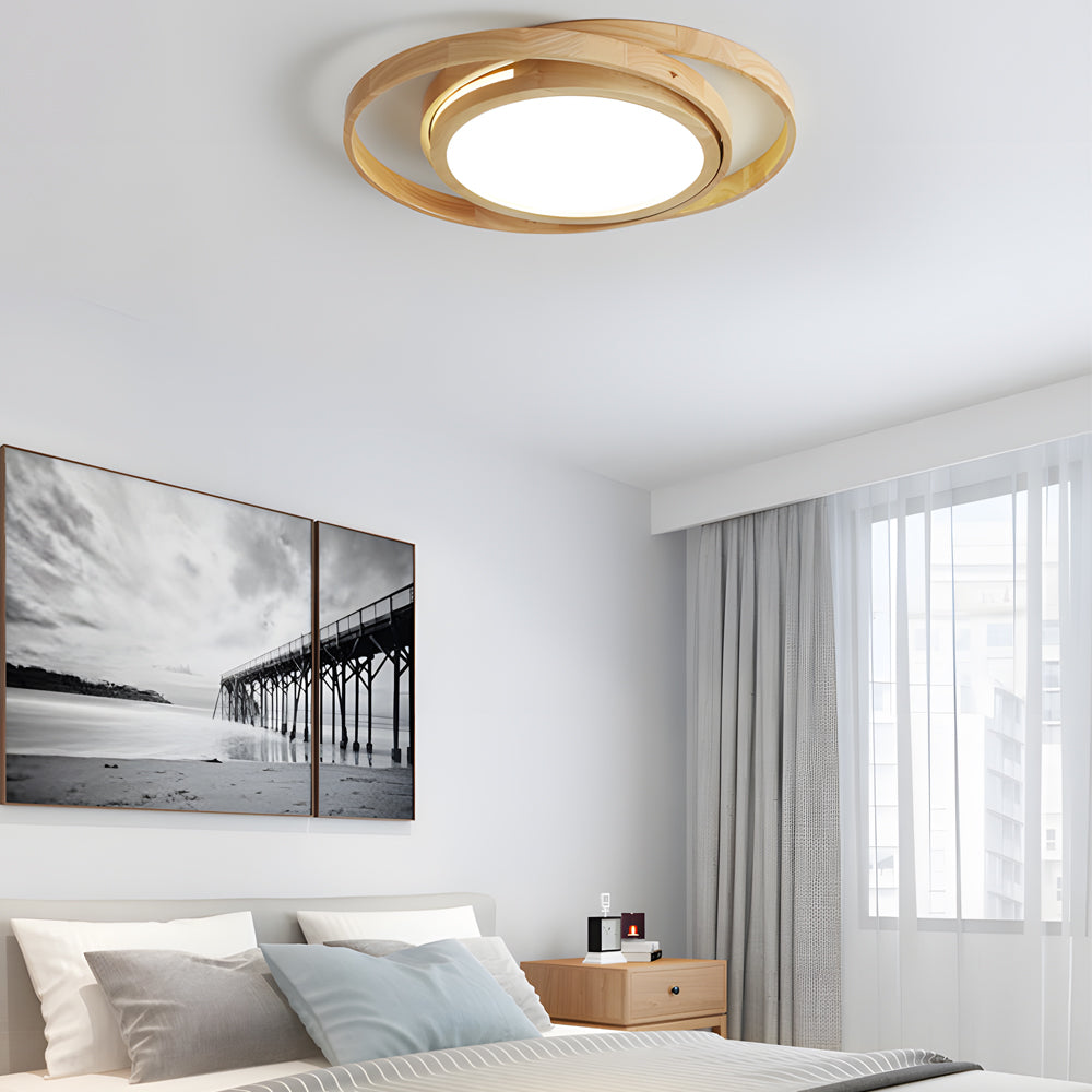 Wooden Oval Rings Round LED Flush Mount Lighting Round Acrylic Ceiling Light Bedroom Ceiling Lamp