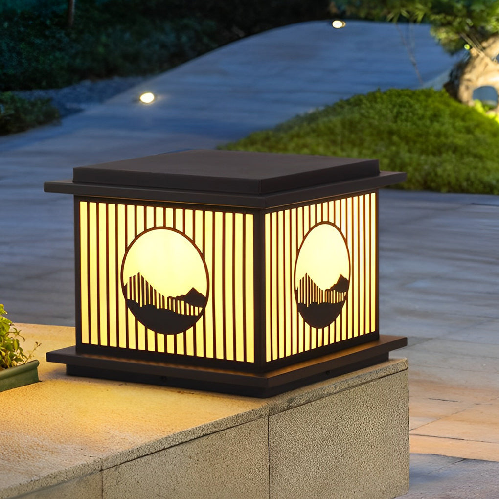 Retro Mountain Scenery LED Waterproof Black Modern Solar Pillar Lamp