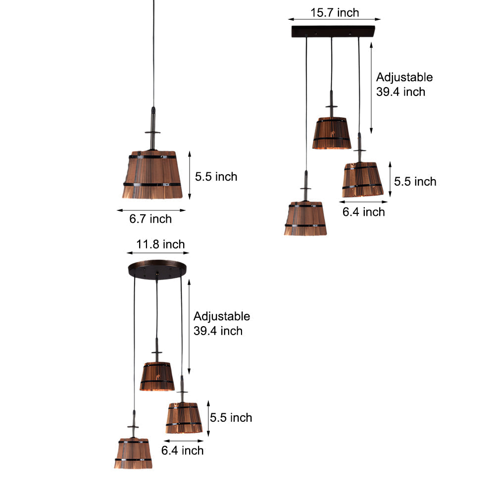 1/3-Light Rustic Wood Bucket Shade Pendant Lighting for Cafe Bar