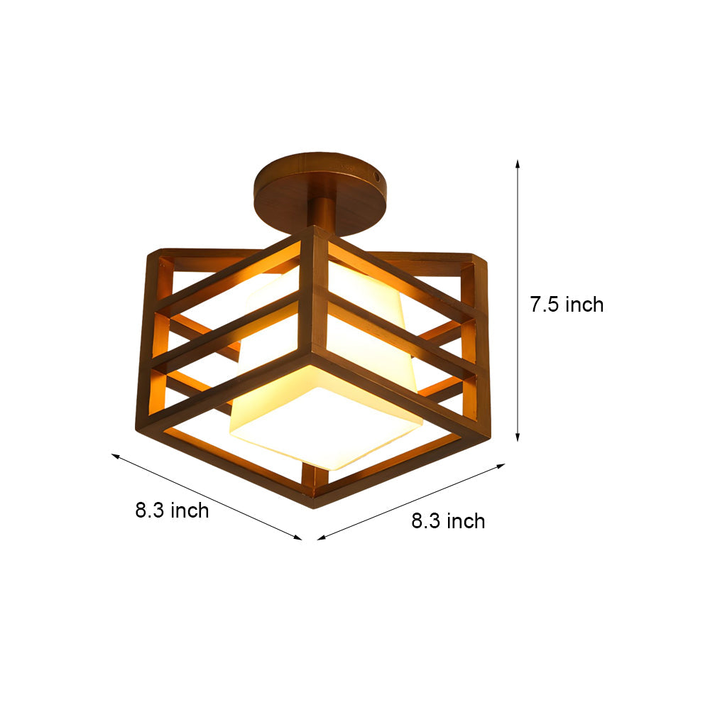 Square Walnut Wooden Frame 1-Light Semi-Flush Mount Ceiling Light