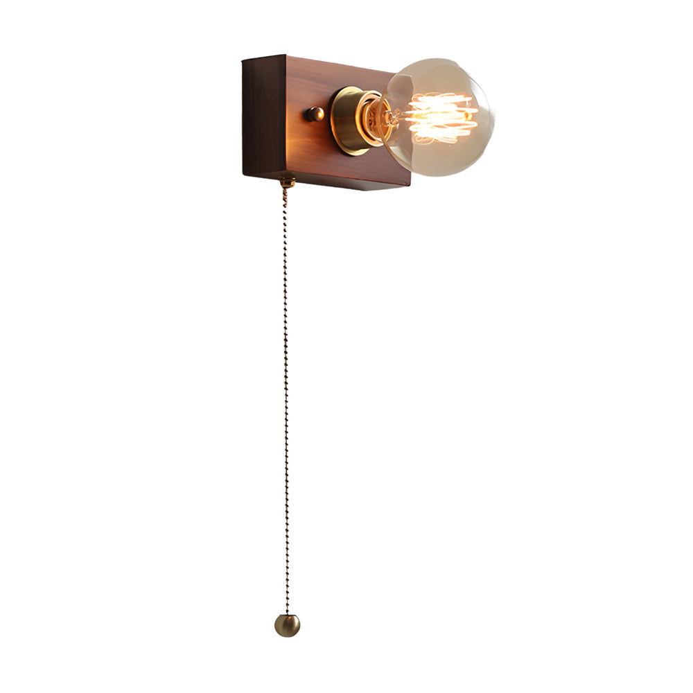 Round/Square Vintage Walnut Wood Wall Lamp 1-light with Pull Chain Switch